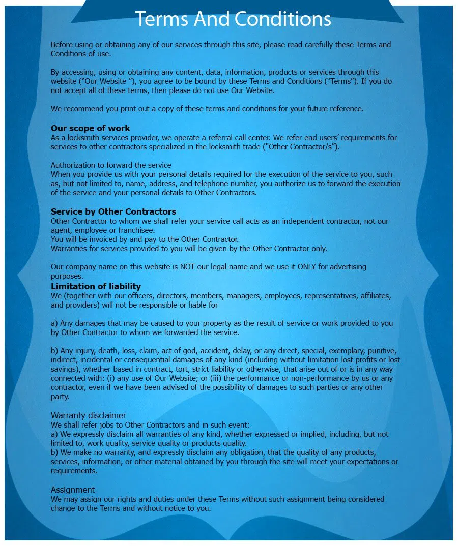 Los Angeles Locksmith Store, Los Angeles, CA 310-765-9393 - TermsAndConditions